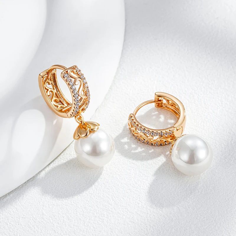 Dignified 585 Rose Gold Pearl Drop Earrings with Unique Hollow Design and Natural Zircon for Bridal Glamour