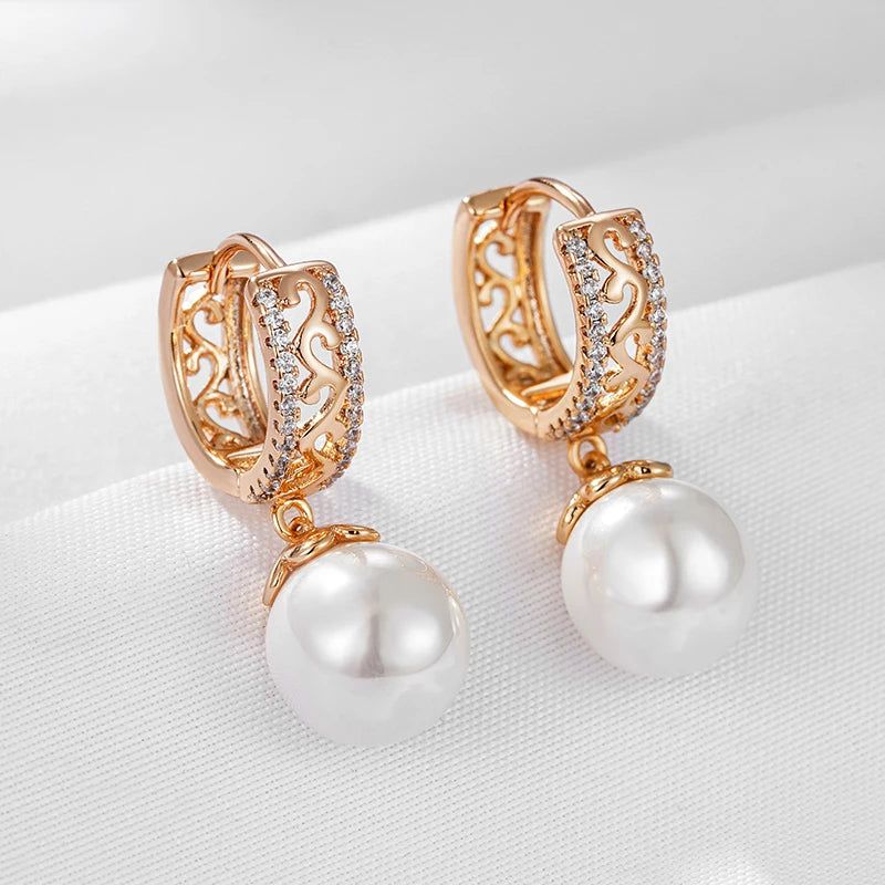 Dignified 585 Rose Gold Pearl Drop Earrings with Unique Hollow Design and Natural Zircon for Bridal Glamour