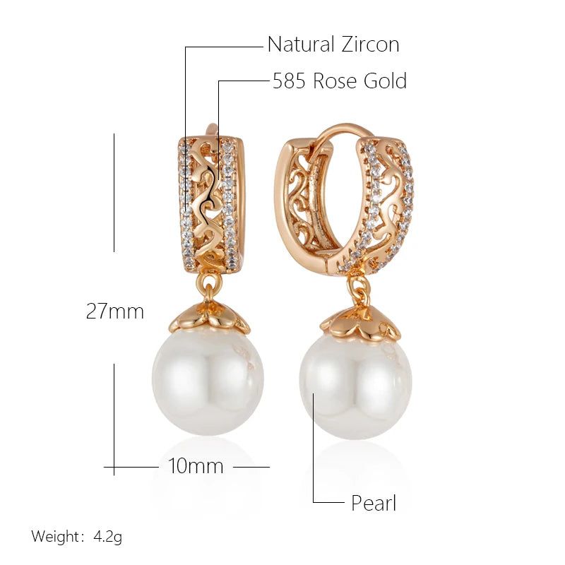 Dignified 585 Rose Gold Pearl Drop Earrings with Unique Hollow Design and Natural Zircon for Bridal Glamour