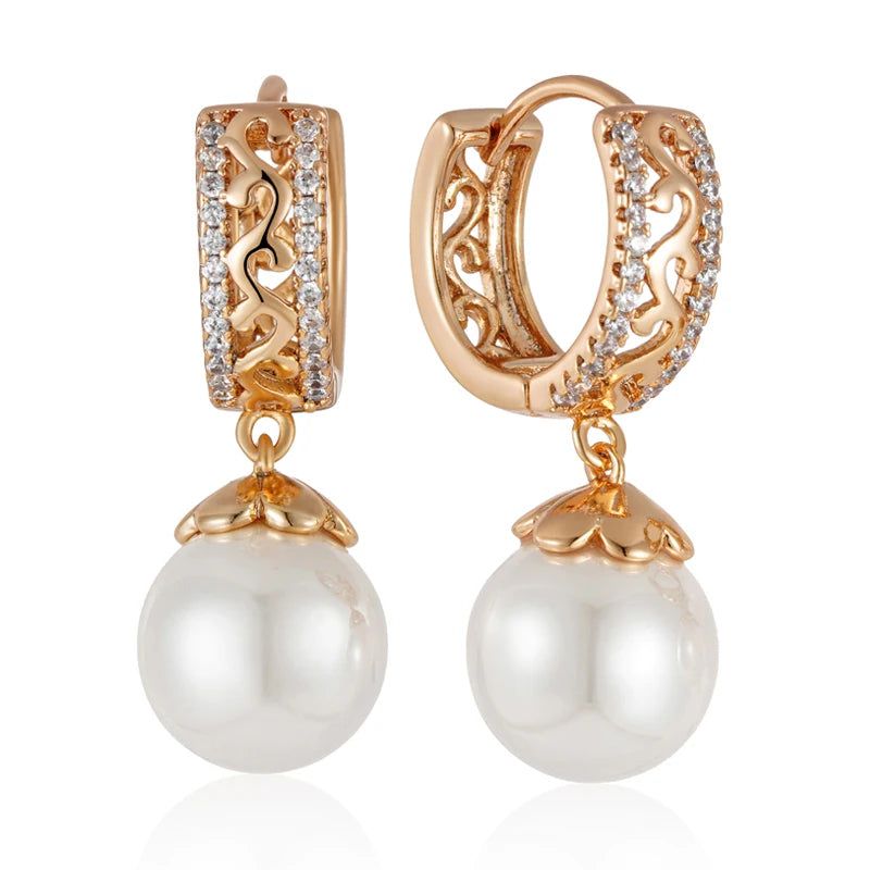 Dignified 585 Rose Gold Pearl Drop Earrings with Unique Hollow Design and Natural Zircon for Bridal Glamour