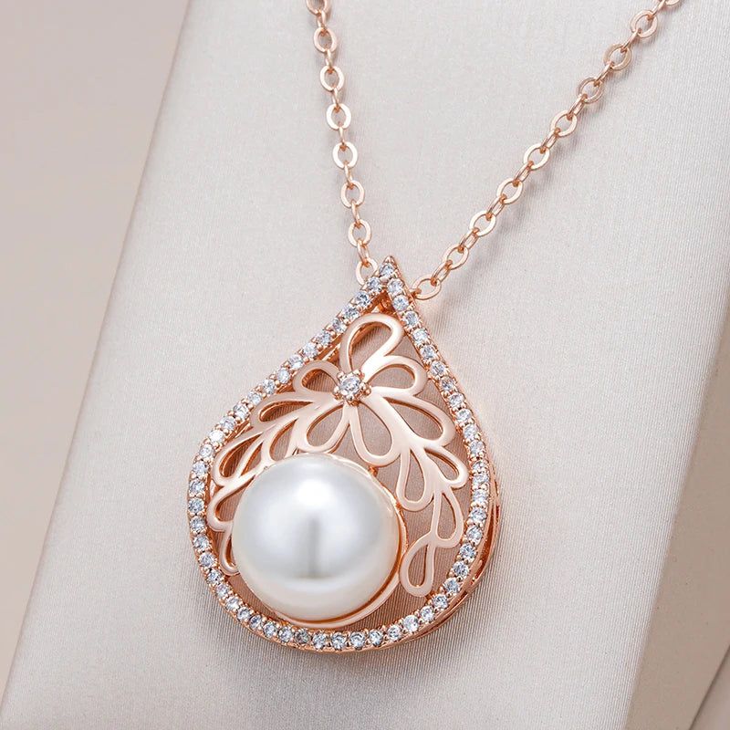 Dignified 585 Rose Gold Pearl Pendant Necklace with Natural Zircon Accents