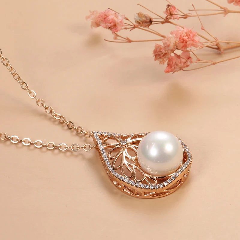 Dignified 585 Rose Gold Pearl Pendant Necklace with Natural Zircon Accents