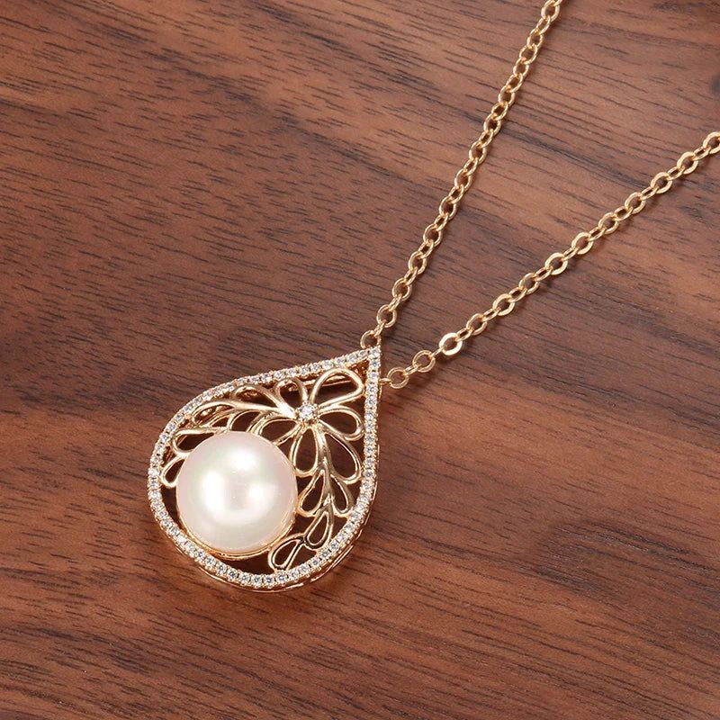 Dignified 585 Rose Gold Pearl Pendant Necklace with Natural Zircon Accents