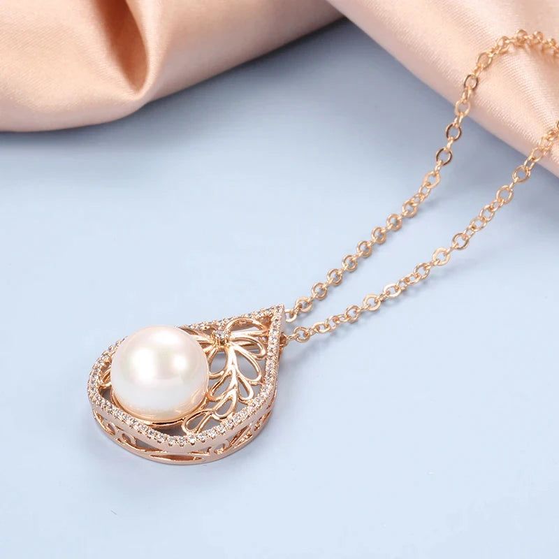 Dignified 585 Rose Gold Pearl Pendant Necklace with Natural Zircon Accents