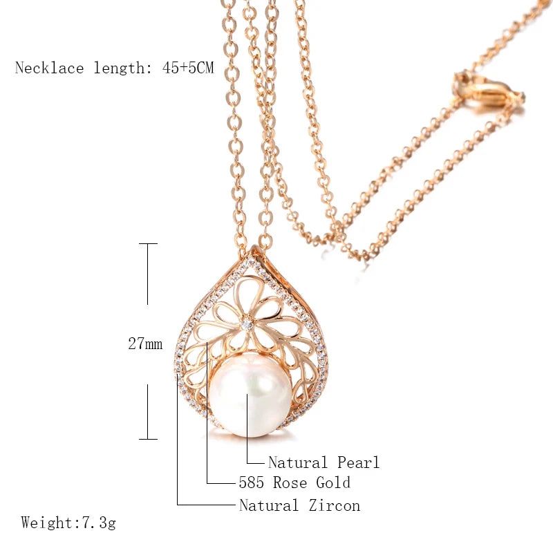 Dignified 585 Rose Gold Pearl Pendant Necklace with Natural Zircon Accents