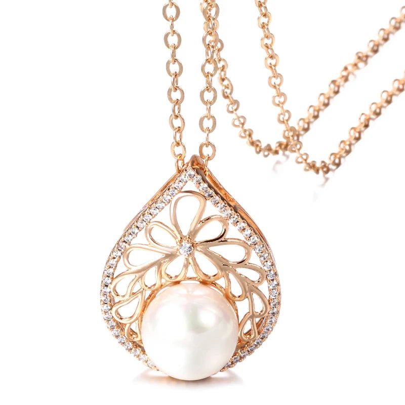 Dignified 585 Rose Gold Pearl Pendant Necklace with Natural Zircon Accents