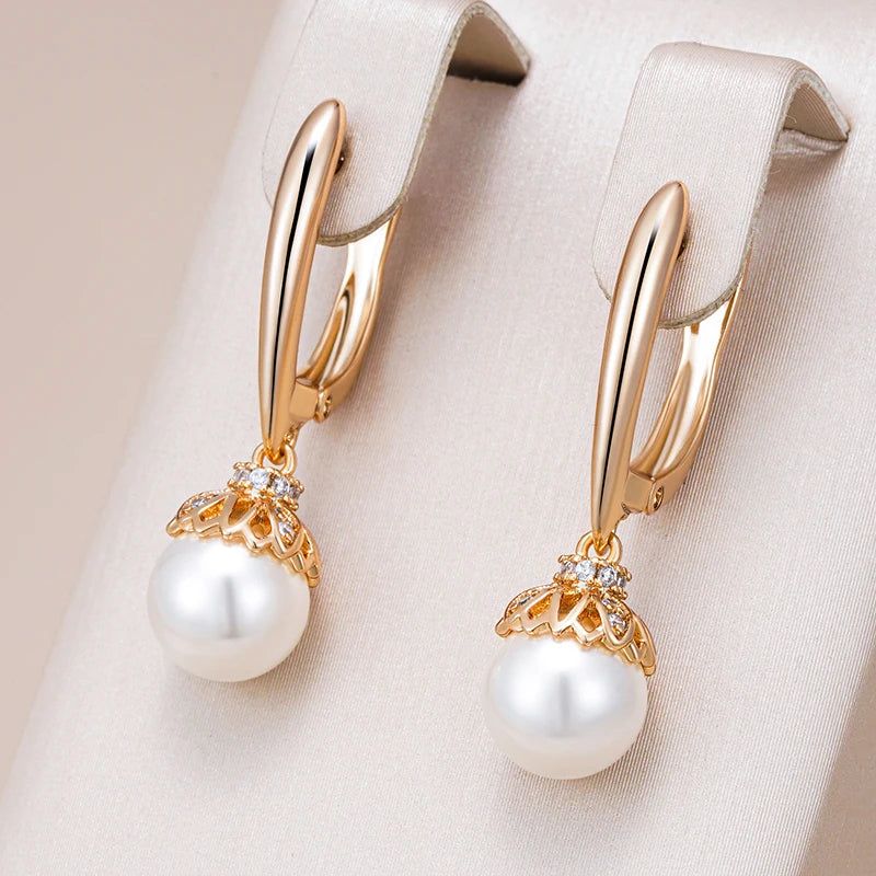 Dignified 585 Rose Gold Pearl and Zircon Long Drop Earrings - Unique Floral Design Jewelry