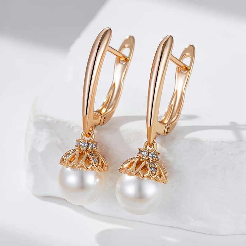 Dignified 585 Rose Gold Pearl and Zircon Long Drop Earrings - Unique Floral Design Jewelry