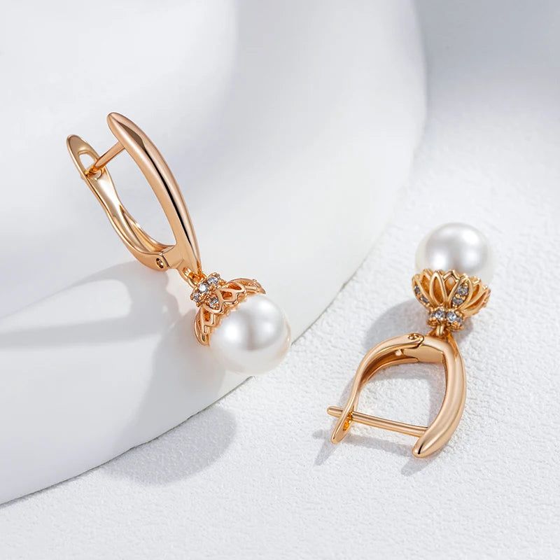 Dignified 585 Rose Gold Pearl and Zircon Long Drop Earrings - Unique Floral Design Jewelry