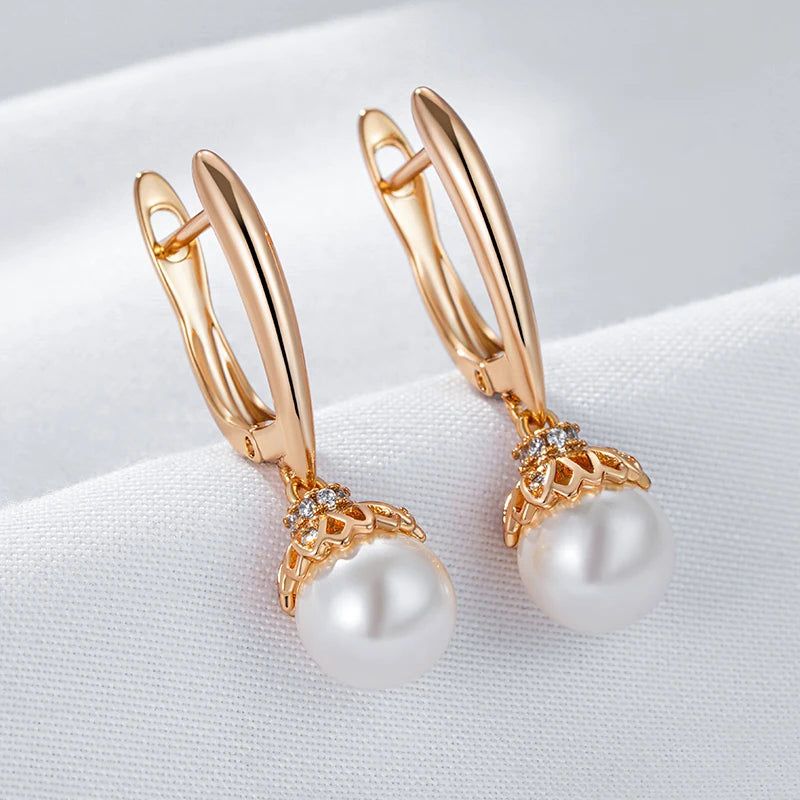 Dignified 585 Rose Gold Pearl and Zircon Long Drop Earrings - Unique Floral Design Jewelry