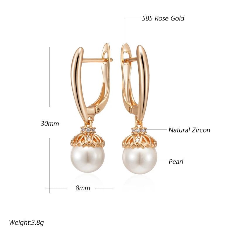 Dignified 585 Rose Gold Pearl and Zircon Long Drop Earrings - Unique Floral Design Jewelry