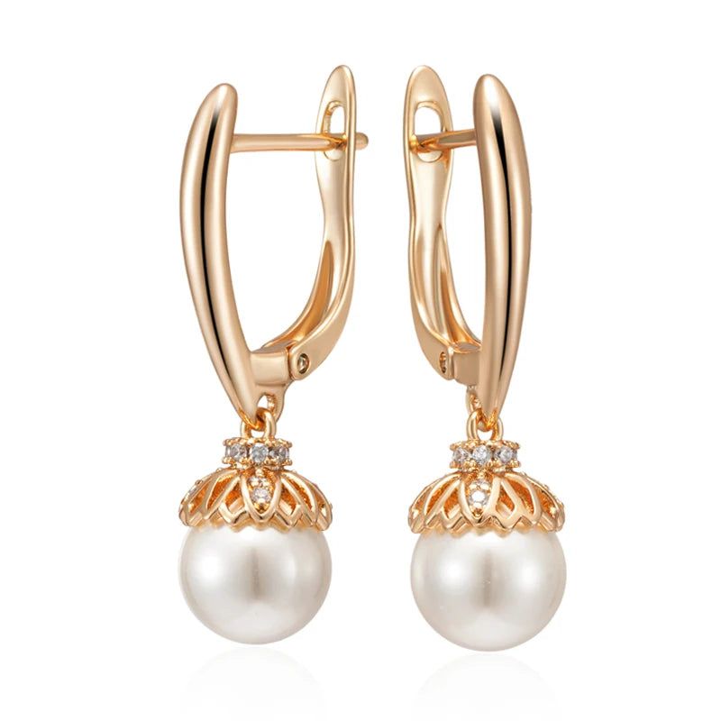 Dignified 585 Rose Gold Pearl and Zircon Long Drop Earrings - Unique Floral Design Jewelry