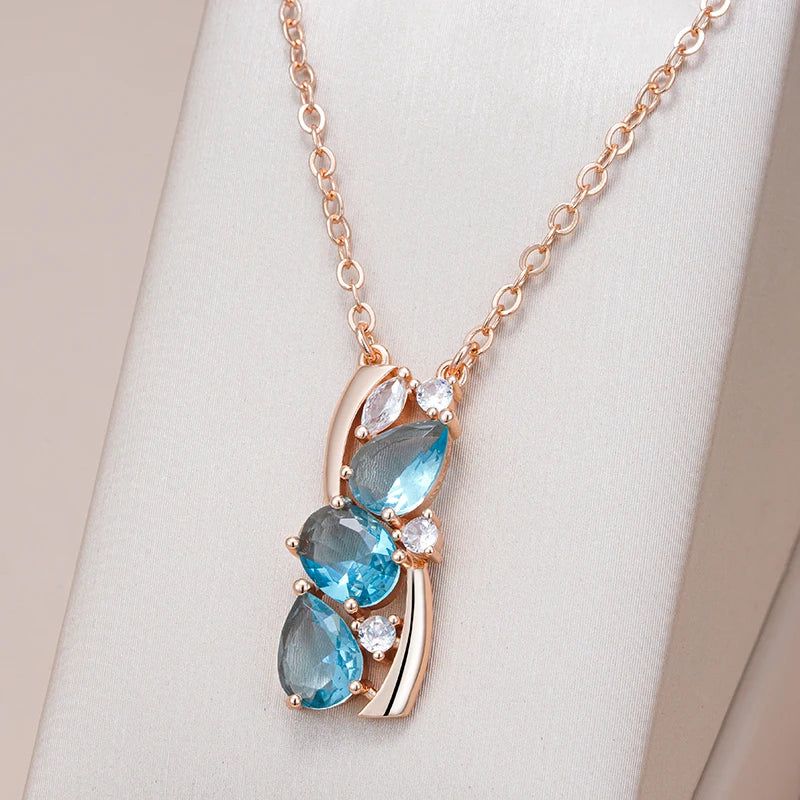 Dignified 585 Rose Gold Pendant Necklace with Stunning Blue Natural Zircon