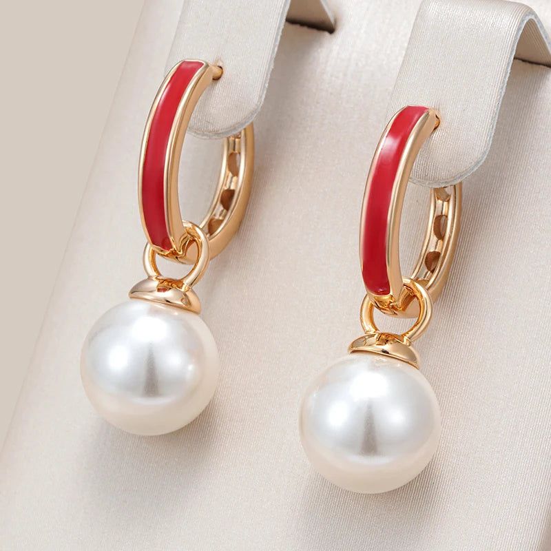 Dignified 585 Rose Gold Red Enamel Drop Earrings with Pearl Pendant