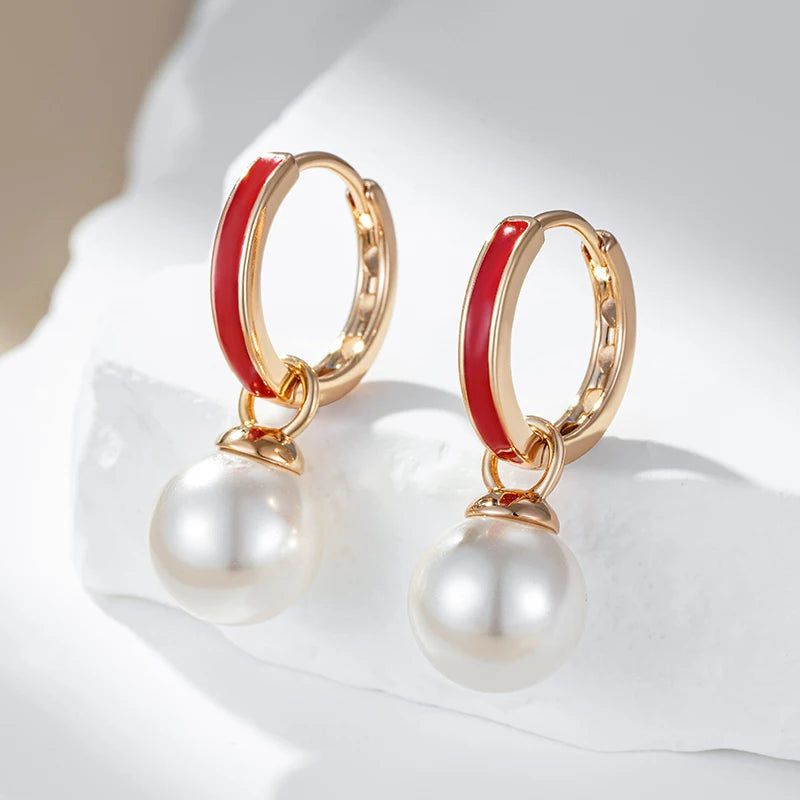 Dignified 585 Rose Gold Red Enamel Drop Earrings with Pearl Pendant