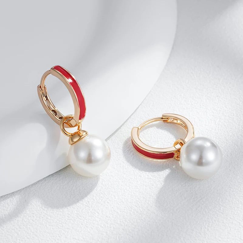 Dignified 585 Rose Gold Red Enamel Drop Earrings with Pearl Pendant