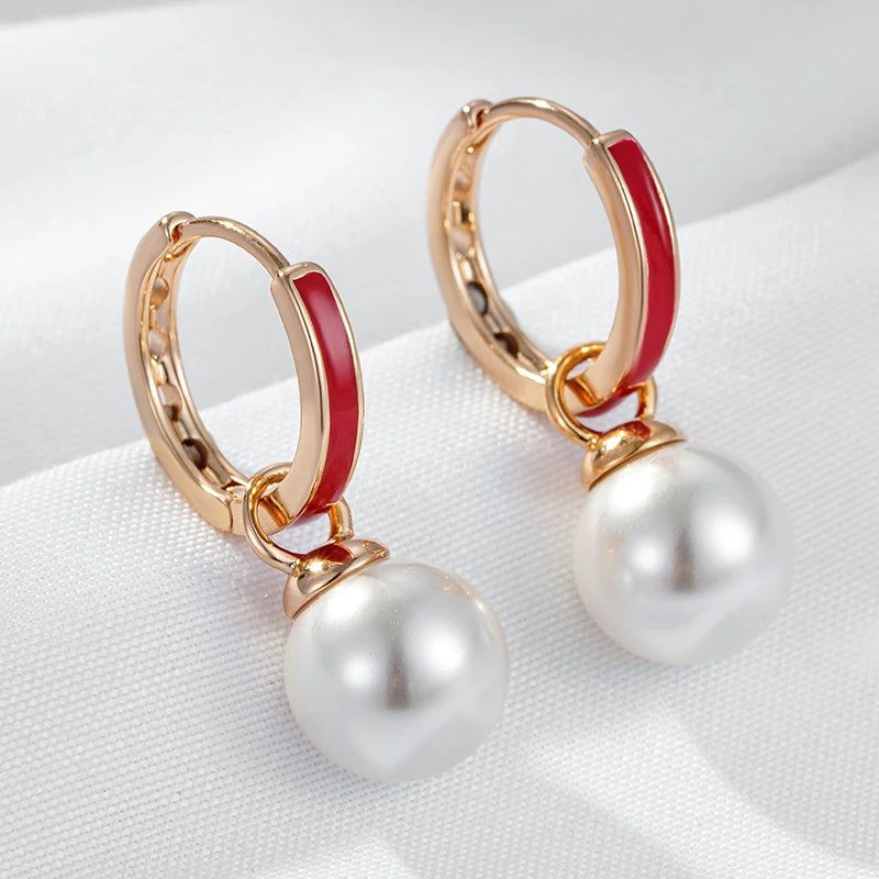 Dignified 585 Rose Gold Red Enamel Drop Earrings with Pearl Pendant