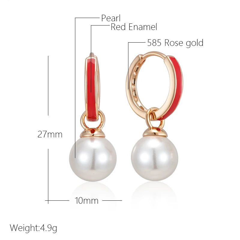 Dignified 585 Rose Gold Red Enamel Drop Earrings with Pearl Pendant