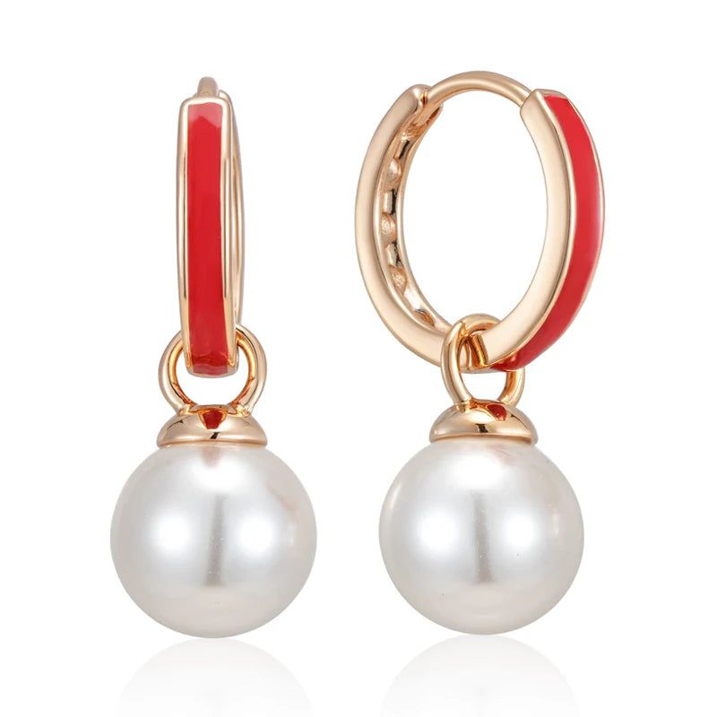 Dignified 585 Rose Gold Red Enamel Drop Earrings with Pearl Pendant