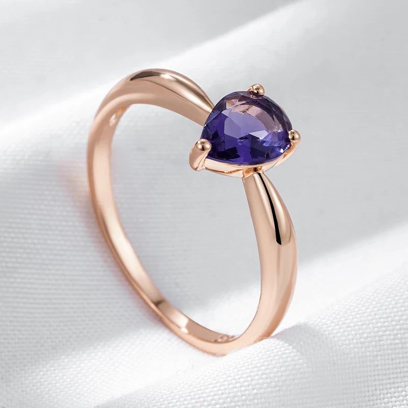 Dignified 585 Rose Gold Ring with Purple Water Drop Natural Zircon - High-Quality Cocktail Jewelry