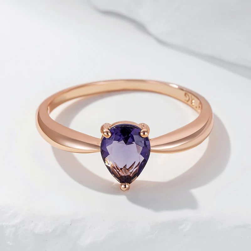 Dignified 585 Rose Gold Ring with Purple Water Drop Natural Zircon - High-Quality Cocktail Jewelry