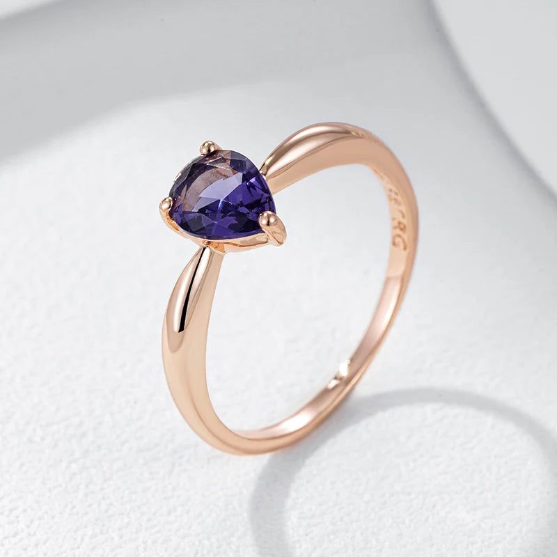 Dignified 585 Rose Gold Ring with Purple Water Drop Natural Zircon - High-Quality Cocktail Jewelry