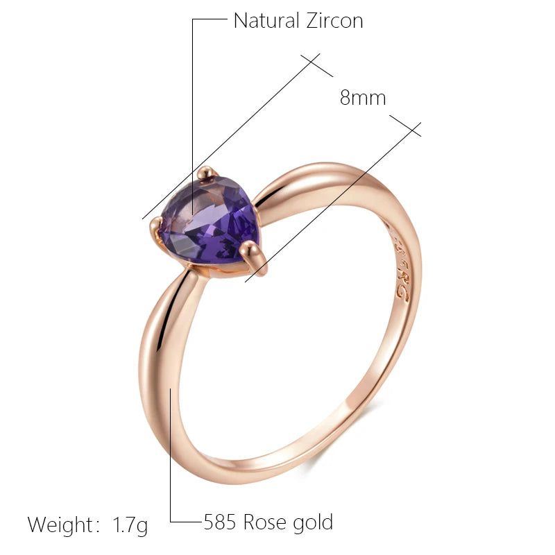 Dignified 585 Rose Gold Ring with Purple Water Drop Natural Zircon - High-Quality Cocktail Jewelry