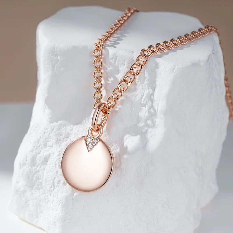 Dignified 585 Rose Gold Round Coin Pendant Necklace with Natural Zircon Accent