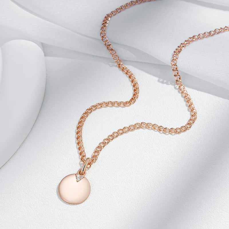 Dignified 585 Rose Gold Round Coin Pendant Necklace with Natural Zircon Accent