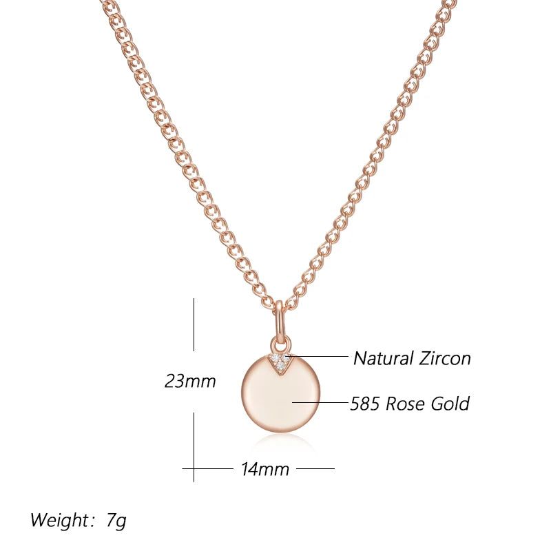 Dignified 585 Rose Gold Round Coin Pendant Necklace with Natural Zircon Accent