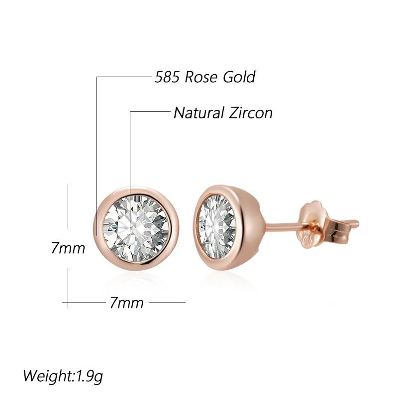 Dignified 585 Rose Gold Round Natural Zircon Stud Earrings - Premium Quality Fashion Jewelry