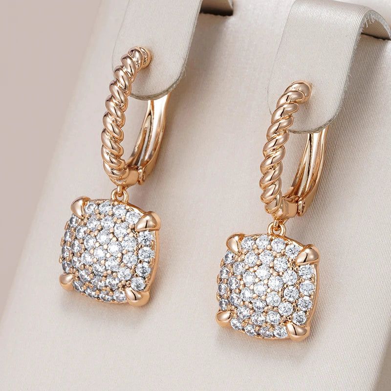 Dignified 585 Rose Gold Square Drop Earrings with Natural Zircon Embellishments