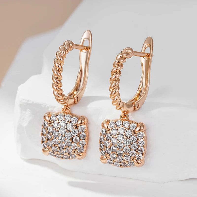 Dignified 585 Rose Gold Square Drop Earrings with Natural Zircon Embellishments