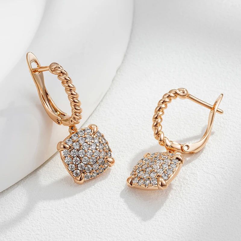 Dignified 585 Rose Gold Square Drop Earrings with Natural Zircon Embellishments