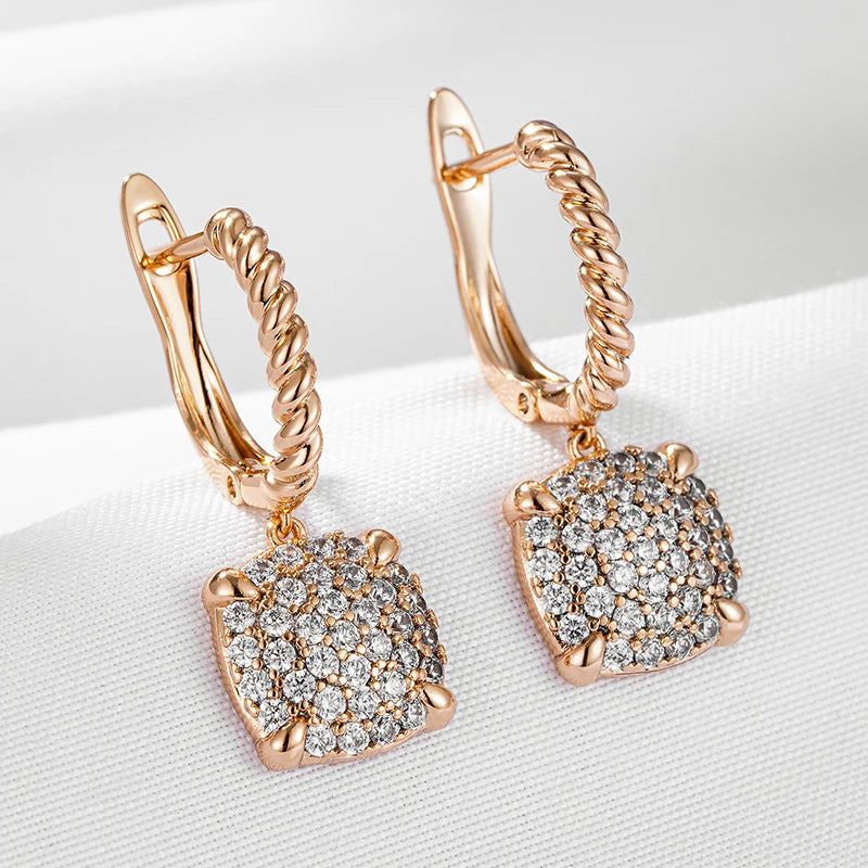 Dignified 585 Rose Gold Square Drop Earrings with Natural Zircon Embellishments