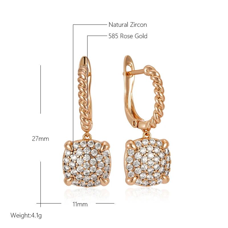 Dignified 585 Rose Gold Square Drop Earrings with Natural Zircon Embellishments