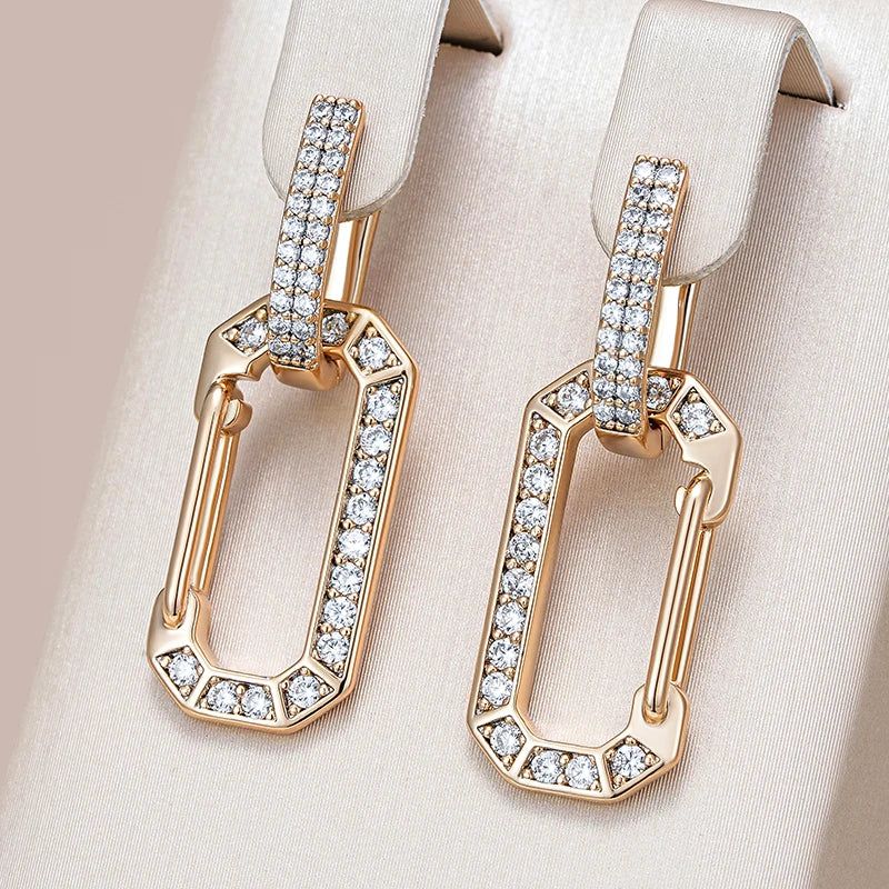 Dignified 585 Rose Gold Square Drop Earrings with White Natural Zircon Accents