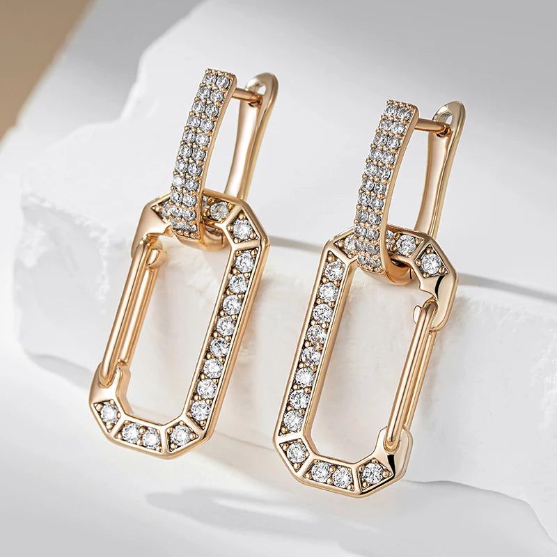 Dignified 585 Rose Gold Square Drop Earrings with White Natural Zircon Accents