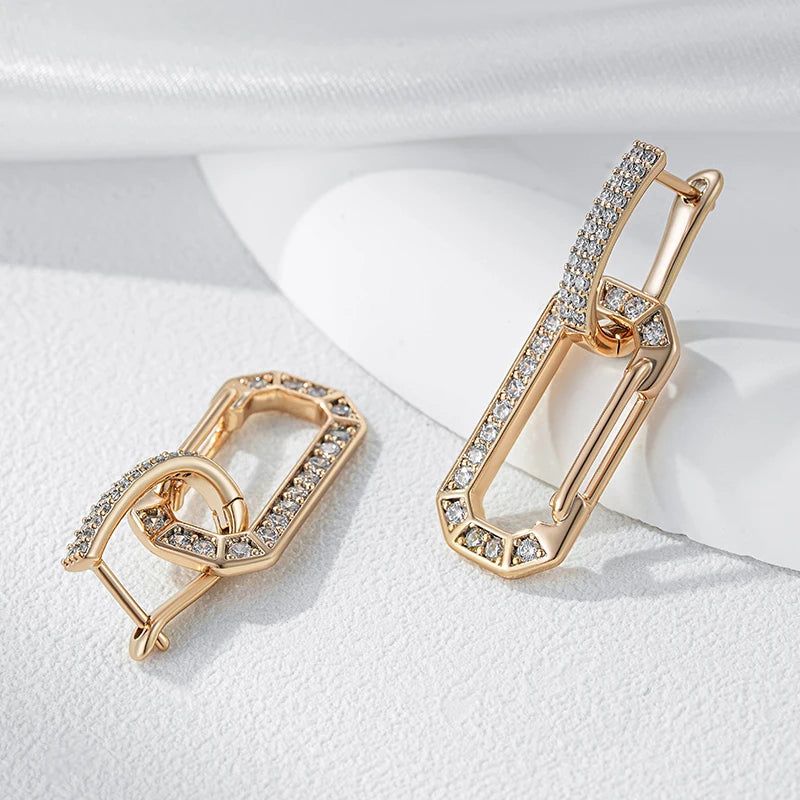 Dignified 585 Rose Gold Square Drop Earrings with White Natural Zircon Accents