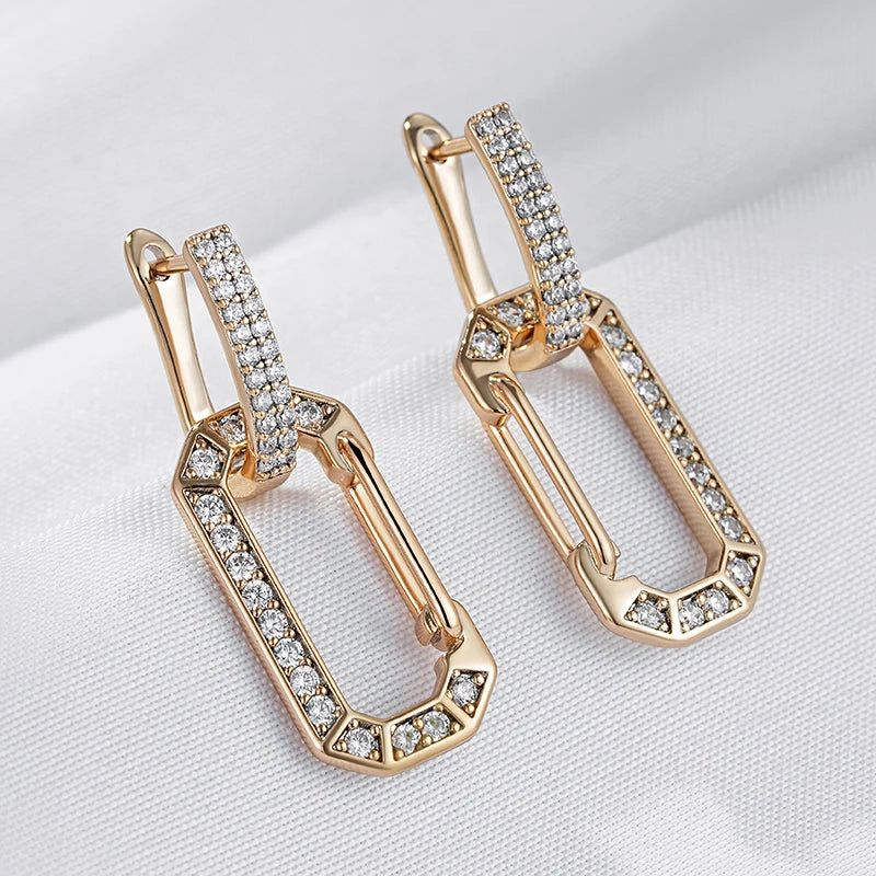 Dignified 585 Rose Gold Square Drop Earrings with White Natural Zircon Accents