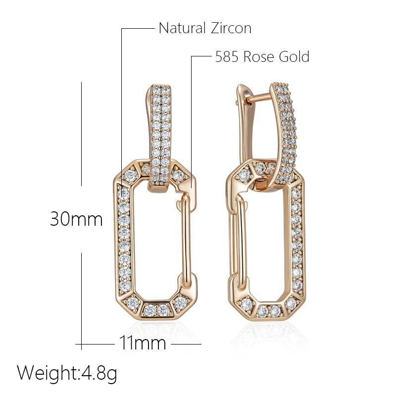 Dignified 585 Rose Gold Square Drop Earrings with White Natural Zircon Accents