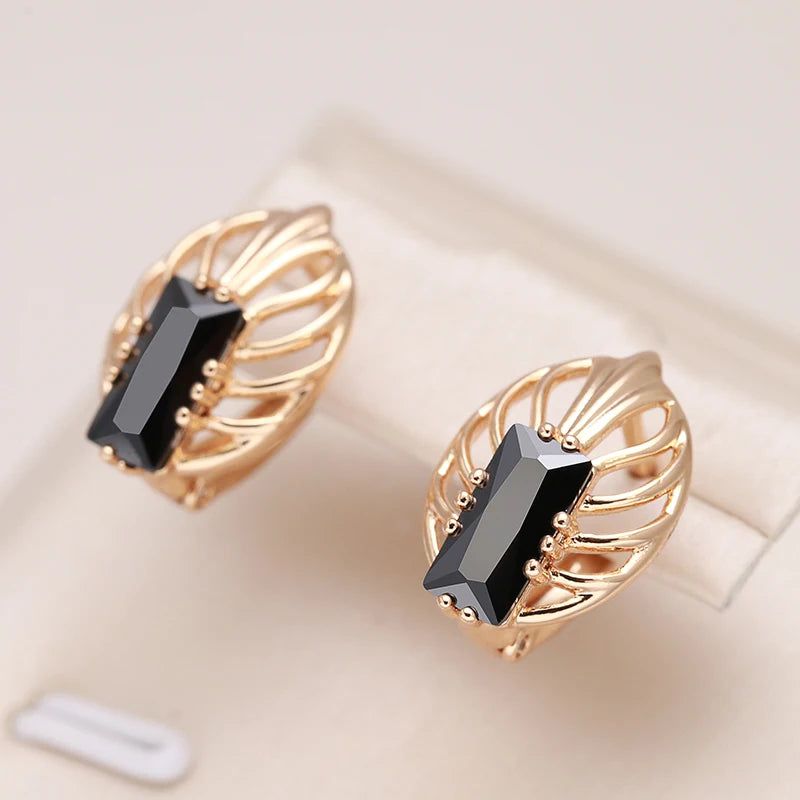 Dignified 585 Rose Gold Square Earrings with Black Natural Zircon for High-Quality Fashion