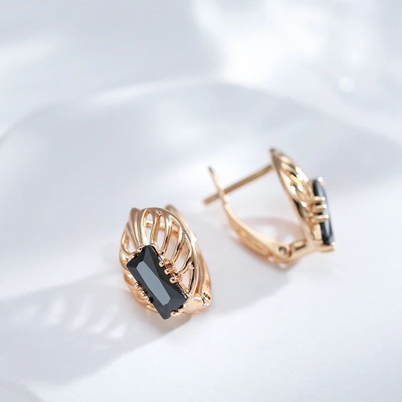 Dignified 585 Rose Gold Square Earrings with Black Natural Zircon for High-Quality Fashion