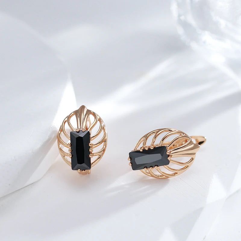 Dignified 585 Rose Gold Square Earrings with Black Natural Zircon for High-Quality Fashion