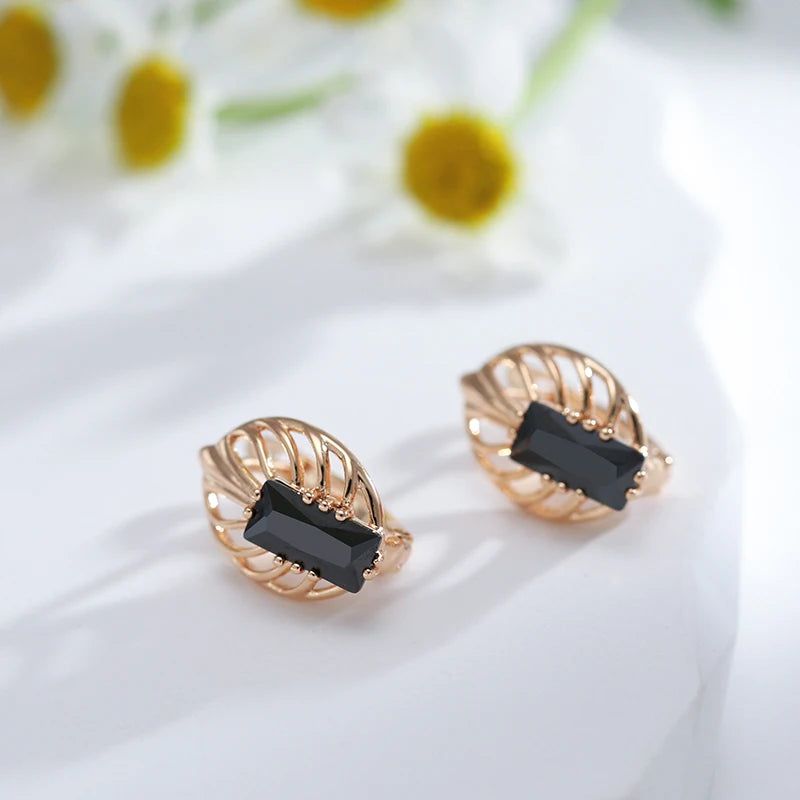 Dignified 585 Rose Gold Square Earrings with Black Natural Zircon for High-Quality Fashion