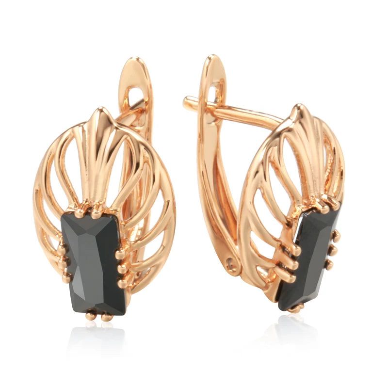 Dignified 585 Rose Gold Square Earrings with Black Natural Zircon for High-Quality Fashion