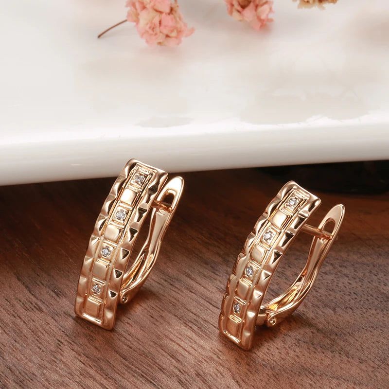 Dignified 585 Rose Gold Square Long Drop Earrings with Micro Wax Inlay and AAA Natural Zircon