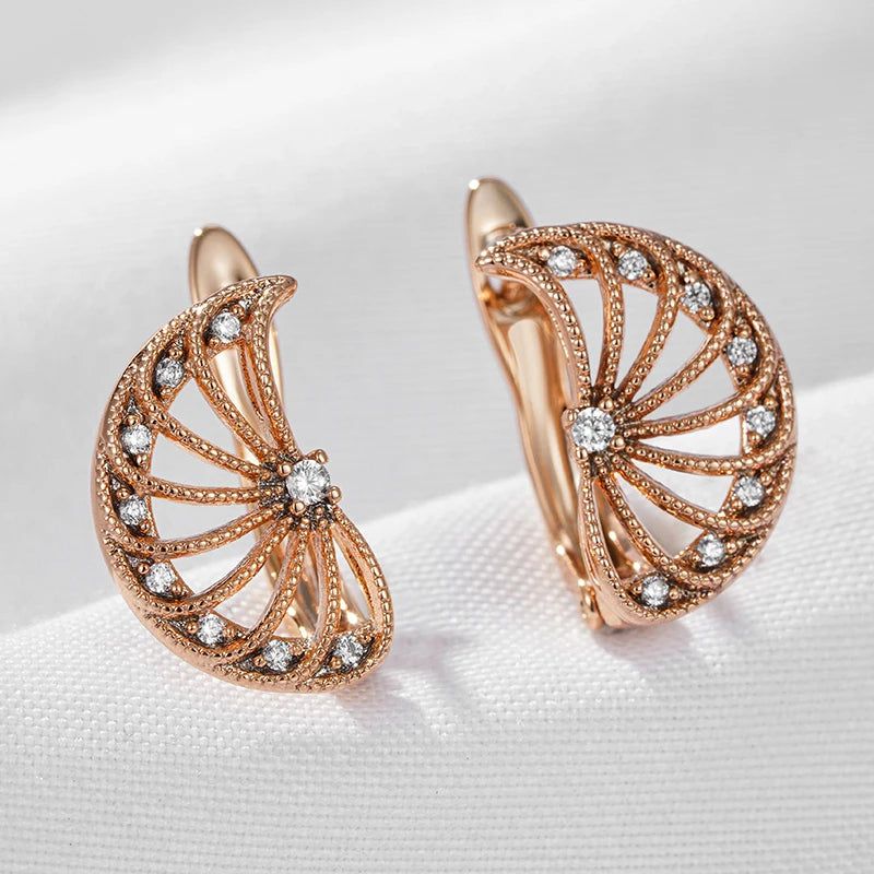 Dignified 585 Rose Gold Symmetrical Stud Earrings with Natural Zircon Crystal Flower Design