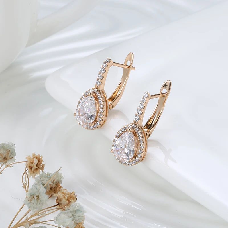 Dignified 585 Rose Gold Tear Drop Earrings with Natural Zircon – Premium Quality Jewelry