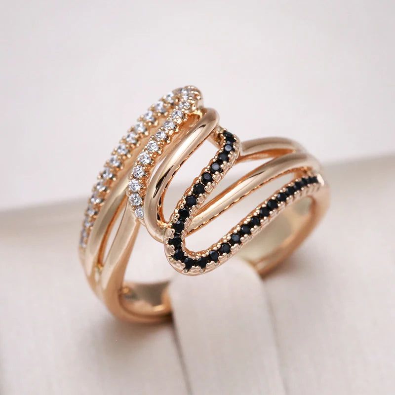 Dignified 585 Rose Gold Twisted Cocktail Ring with Micro Paved Black & White Zircon